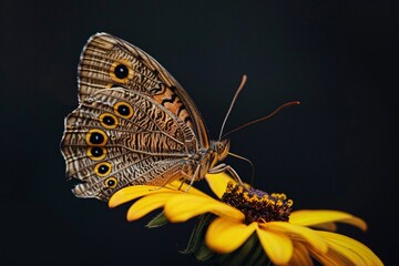 Vibrant Butterfly Perched on Yellow Bloom, Detailed Macro Photography of Nature and Wildlife Beauty