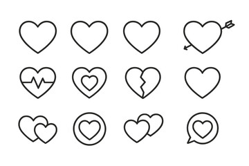 Collection of Heart Line Icons Set, Love and Health Symbols, Valentine and Romance Outlines, Heartbeat, Broken Heart, Couple Hearts, Love Message Vector Design