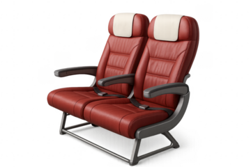 Pair of red leather airplane seats on transparent background