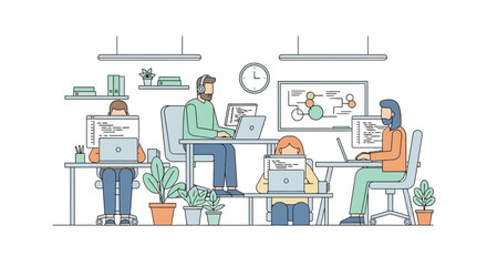 Illustration of diverse team collaborating in modern office with laptops and plants