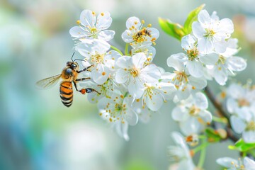 Honey Bee Gathering Nectar and Spreading Pollen on White Cherry Blossoms, Spring Nature Macro Photography