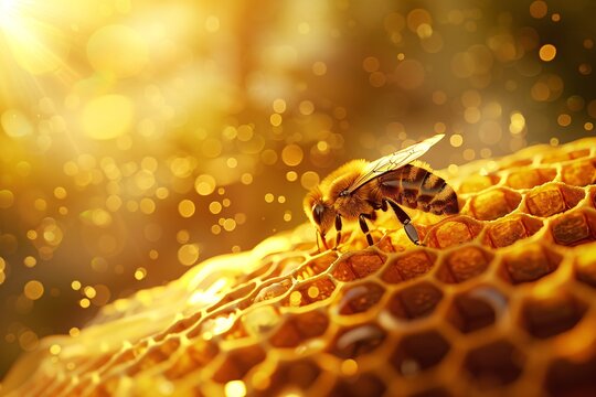 Honey Bees Working Diligently on Golden Honeycombs, Macro Image Showcasing Pollination and Nature’s Precision