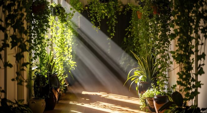 Sun-drenched indoor garden with lush green plants, perfect for adding a vibrant, natural touch to your home or wellness brand visuals