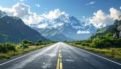 Fototapeta premium Pristine asphalt road stretches into a majestic mountain range. Vast, snow-capped peaks rise against a vibrant blue sky dotted with fluffy white clouds. Lush green valleys flank the road