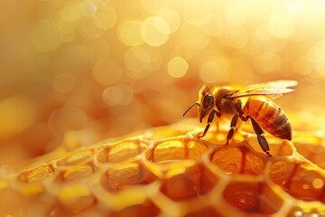 Close-Up Macro Shot of Bees Building and Filling Honeycombs, Detailed View of Beehive Activity