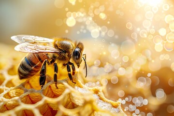 Macro Photography of Working Honey Bees on Honeycombs, Close-Up View of Beekeeping and Natural Hive Structure