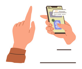 Hand interacts with phone for fingerprint scan and code entry. Ideal for security, identity, technology, privacy, mobile app, authentication, online protection. Simple flat metaphor