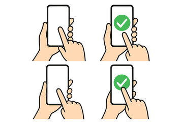 Smartphone Touch Interaction Vector Illustration Set Showing Hand Gestures and Confirmation Checkmarks on Transparent Background for User Interface and Mobile App Design