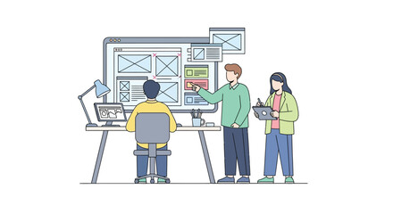 Illustration of team collaborating on web design project with wireframes and digital devices
