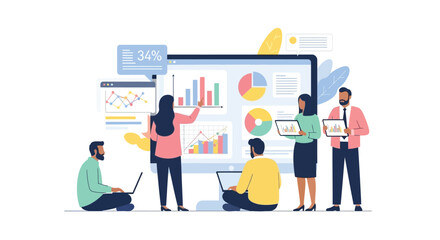 Illustration of business team analyzing data and charts on large screen during presentation meeting