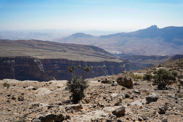 Jebel Shams Balcony Walk panorama view, popular hiking trail in deep canyon in Oman