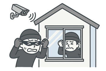 Thief caught by security camera attempting house burglary, worried masked burglar at window, home protection concept, crime prevention, surveillance system vector illustration