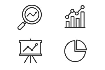 Set of business and finance icons with magnifying glass, bar chart, line graph presentation, and pie chart, vector illustration with transparent background, data analytics symbols