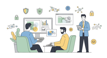 Illustration of team of it professionals collaborating on cybersecurity and data management in modern office setting