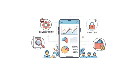 Illustration of mobile app dashboard showing data analytics, development, and user engagement metrics