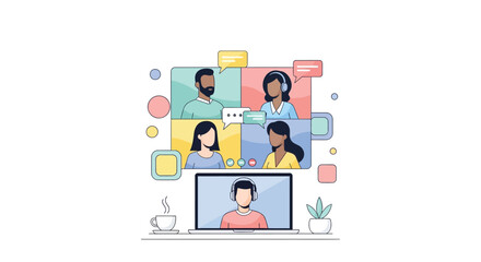 Illustration of diverse team collaborating in virtual meeting with laptop and video call windows