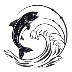 Black fish jumping through circular wave on white background