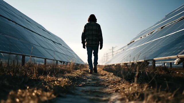 Man Walking Through Solar Farm Surrounded by Photovoltaic Panels in