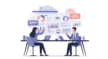 Illustration of business professionals analyzing data and financial charts on laptop during meeting