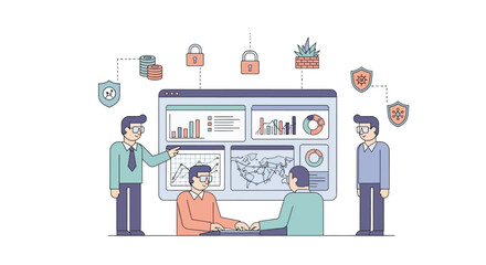 Illustration of business team analyzing data and cybersecurity metrics on large digital dashboard with charts and icons