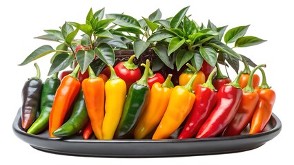 Yellow, Green, Black, Orange, Red, organic Long peppers fresh healthy vegetable in Black plate and decorate mini tree in pot isolated studio shot vibrant color isolated on white background