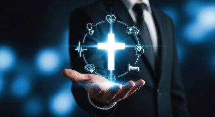 Christian healthcare concept with glowing cross and medical icons