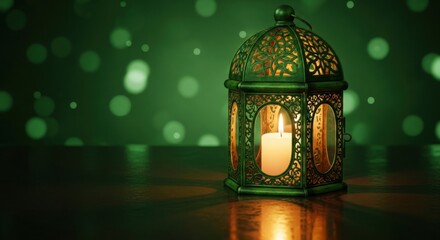 A traditional lantern with a lit candle, set against a green bokeh background