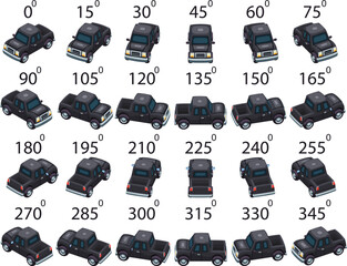 A set of 24 cartoon pickups from different angles. Rotation of the pickup truck in game style by 15 degrees for animation.  