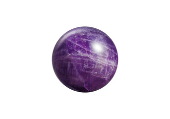 A polished amethyst sphere on a white isolated background, showcasing deep purple hues and sparkling facets. Ideal for decor, meditation, or crystal collections.