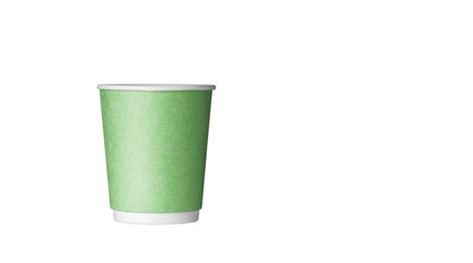 cardboard glass of green color, for coffee or tea on an isolated white background close up