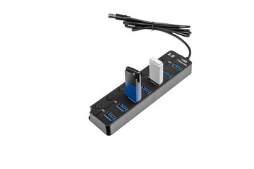 A USB 3.0 7-port hub with power buttons on a white background is ideal for device repairs. Its durable build ensures reliable maintenance.