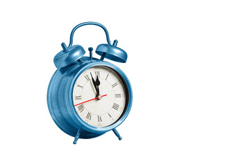 retro clock, pointer clock, blue color alarm clock on isolated white background close up