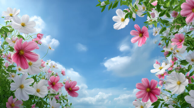 Pink and white cosmos flowers blossom under a beautiful blue sky with fluffy clouds, creating a vibrant and refreshing floral background for summertime scenes.