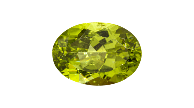 A vivid peridot gemstone with an oval shape, showcasing a rich green color and gleaming facets. Perfect for luxurious jewelry with stunning clarity.