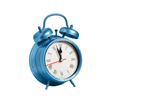 retro clock, pointer clock, blue color alarm clock on isolated white background close up