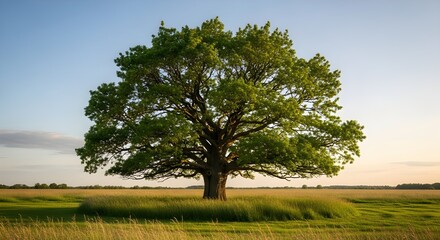 Obraz premium Majestic ancient oak tree stands tall in a golden sunlit field, its lush green canopy reaching towards a clear blue sky, symbolizing nature's enduring strength and beauty.
