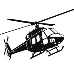 Black helicopter silhouette in flight on white background