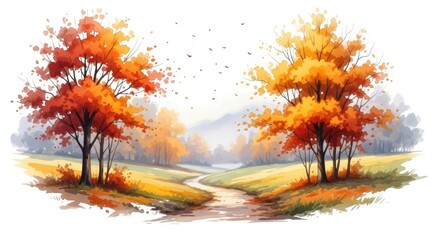 Watercolor painting of a path through an autumn landscape with colorful trees and birds silhouette