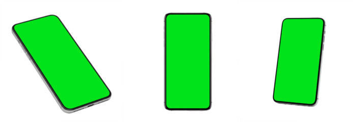 Set of modern smartphones with green screen mockup, multiple mobile phones with blank display for app design presentation, isolated on white background, technology and digital device concept
