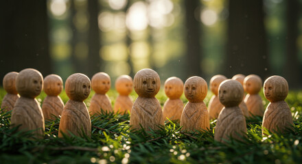 Wooden Figurines Standing in Circle on Forest Grass