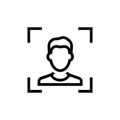 Male face recognition icon with outline style. Concept represents biometric scanning for identification or security. Vector symbol for app, web design