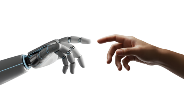 Human hand reaching out to touch a robot hand isolated on white background, concept of future technology