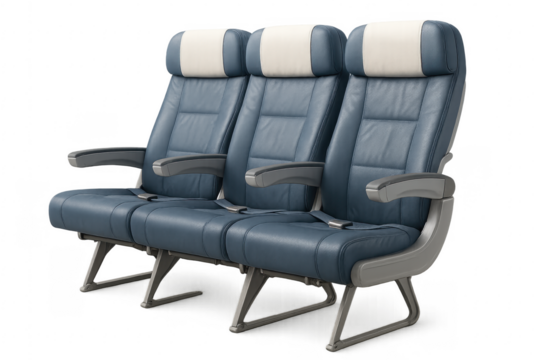 Empty airplane seats in a row with transparent background