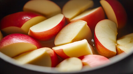 Apple slices prepped for cooking, displaying a vibrant red peel contrasting with the pale flesh, ready to be transformed into a delectable dessert.