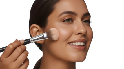 Woman applying blush to her cheek with a makeup brush, isolated on transparent background