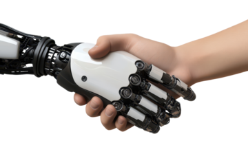 Human hand shakes robotic hand symbolizing collaboration and partnership in technology and human interaction in a futuristic setting