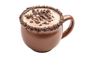 Creamy hot chocolate served in a brown mug topped with chocolate shavings, perfect for warming up on a cold day in a cozy cafe setting