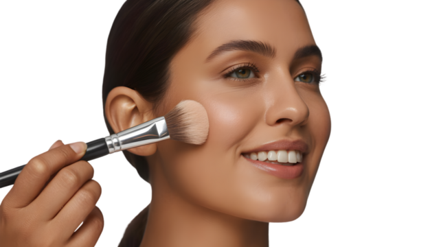 Woman applying blush to her cheek with a makeup brush, isolated on transparent background