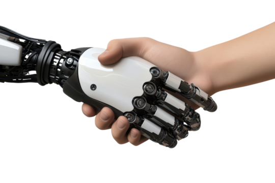 Human hand shakes robotic hand symbolizing collaboration and partnership in technology and human interaction in a futuristic setting