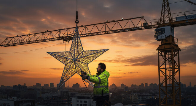 Festive Construction Site with Glowing Star at Dusk
